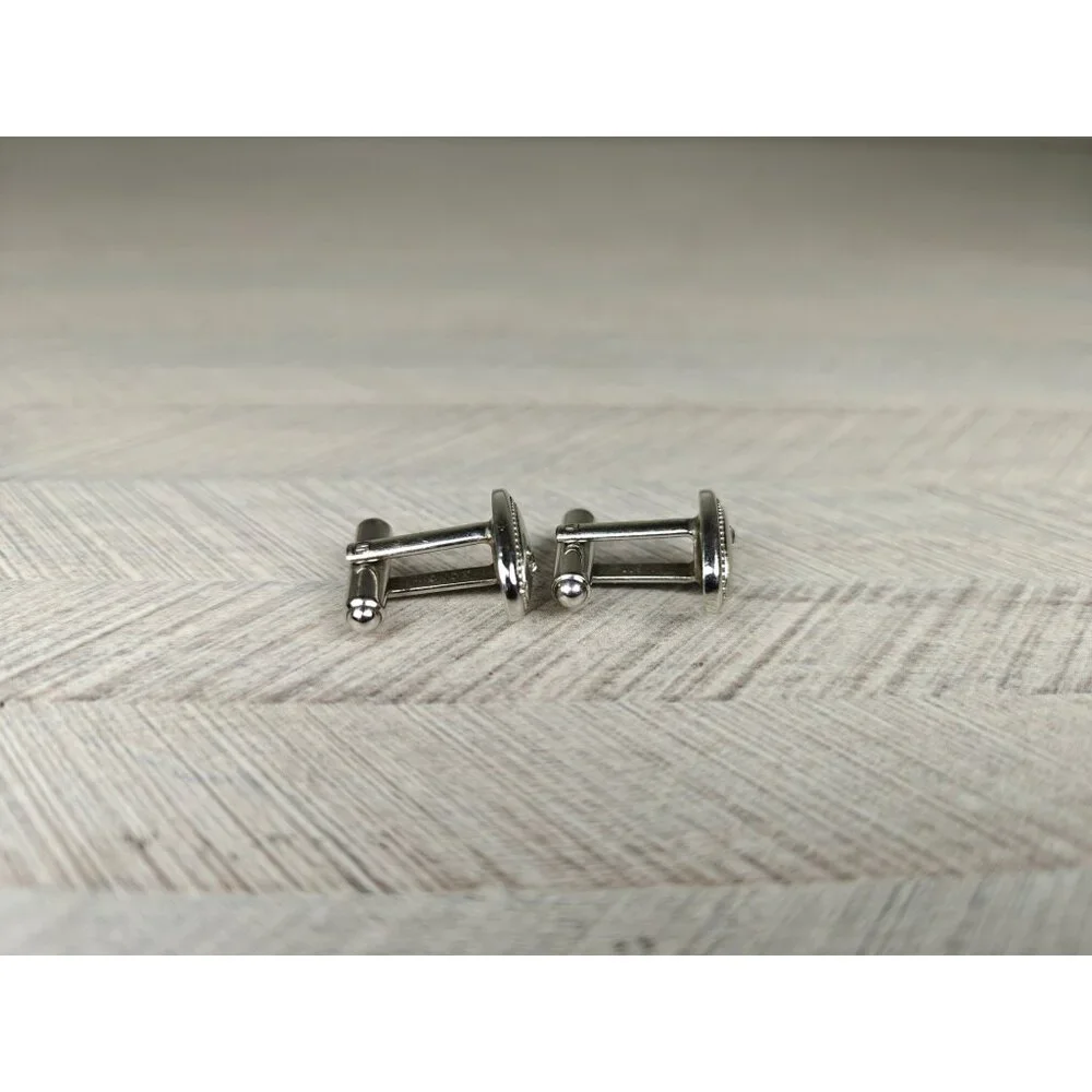 Vintage Hickok Silver Tone Oval Cufflinks With Rhinestone Accents MCM Retro